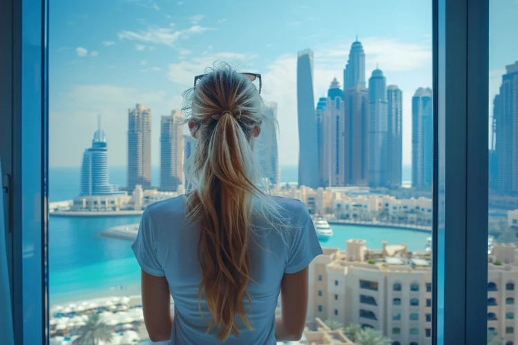 A women looking far from a hotel apartment in Dubai